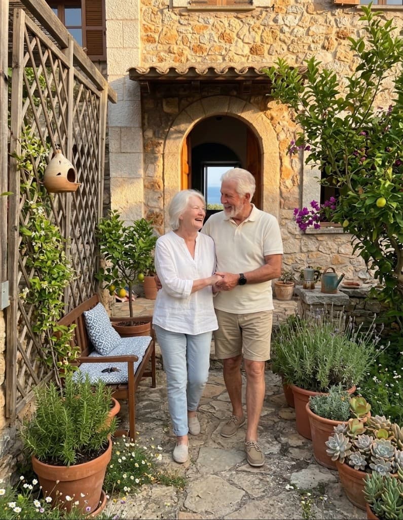 A couple walking hand in hand through a sunlit courtyard by the sea