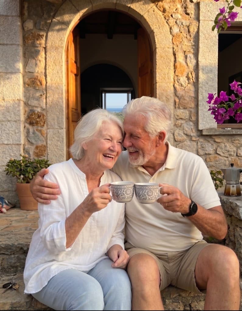 A couple toasting coffee on the steps of their home overlooking the sea